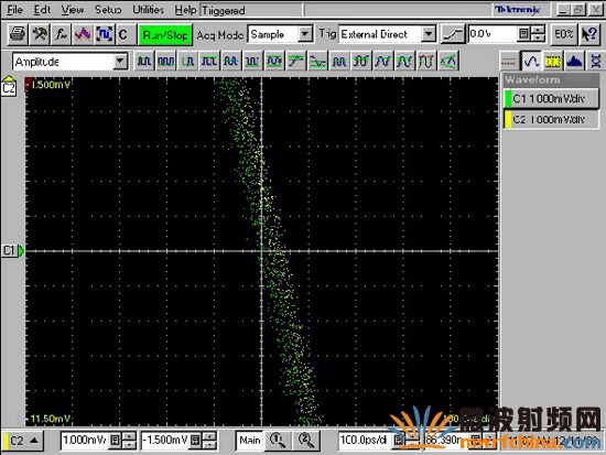 手动校正 TClk 同步化的 NI PXI-5421 任意波形发生器 10 MHz 方波负缘放大图──偏斜大约是 20 ps